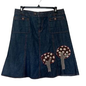 Sigrid Olsen Denim A line Skirt with Custom Patch Embroidered Trees. Sz 8. EUC